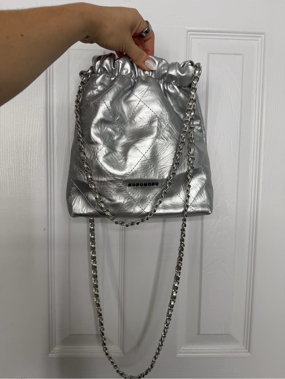 Silver Quilted Drawstring Shoulder Bag - Picture 6 of 7